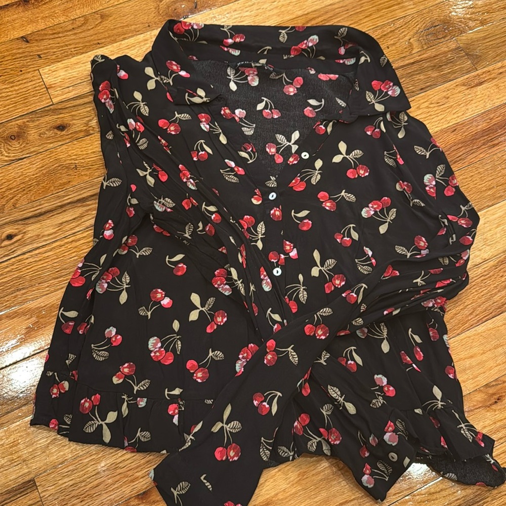 Zara Women’s Cherry Print Black Blouse - Size XL